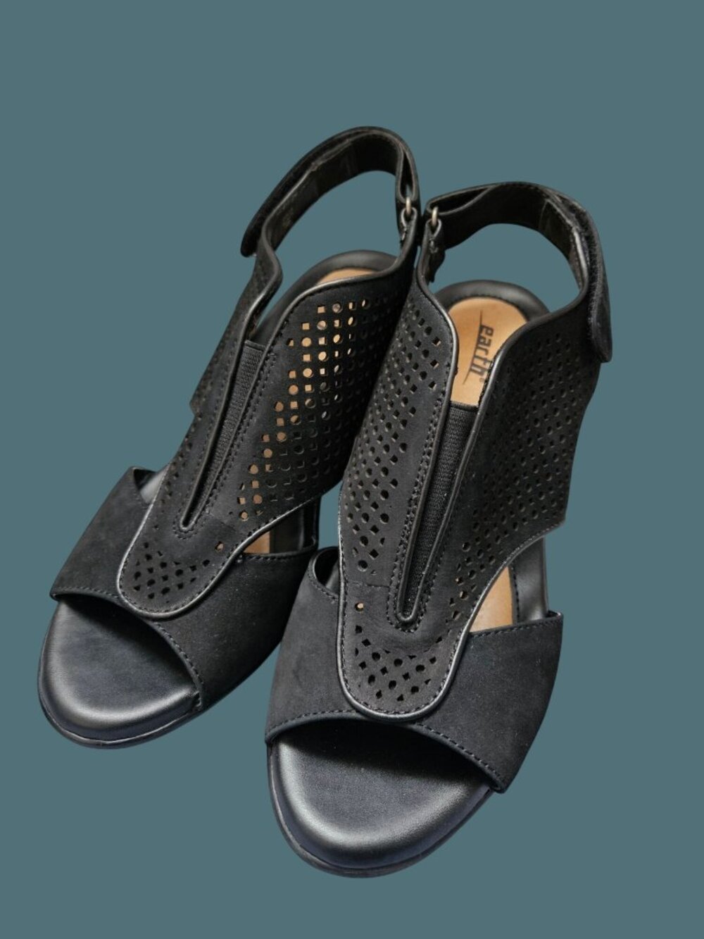 Earth Dalia Black Nubuck Peep Toe Wedge Heel Slingback Comfy Sandals Women 8B - Picture 7 of 13